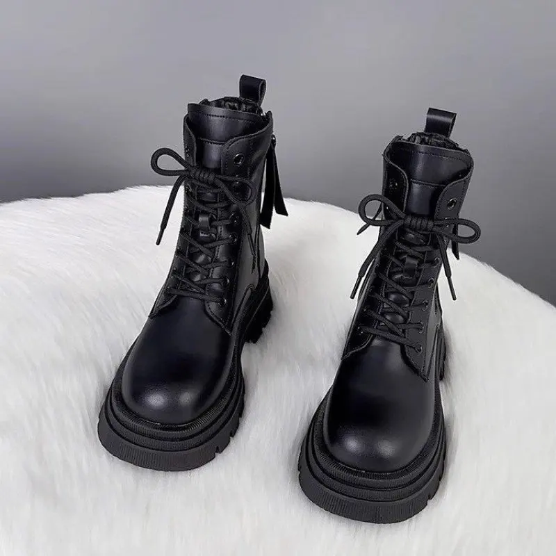 Black Punk Ankle Thick-soled Motorcycle Ankle Boots Women's Lace-up Spring Thick Heel Belt Buckle Pocket Designer Chunky Shoes