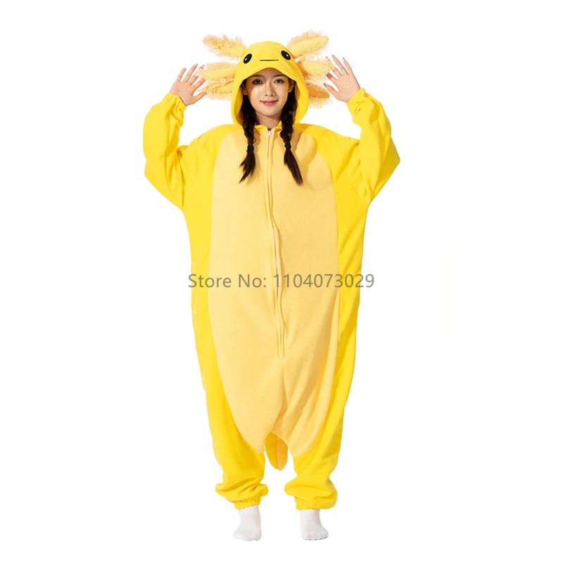 Onesieshow Animal Kigurumi pigiama Halloween tutina adulto bambini Cartoon Gold Axolotl pigiama Cosplay Party donna uomo Homewear