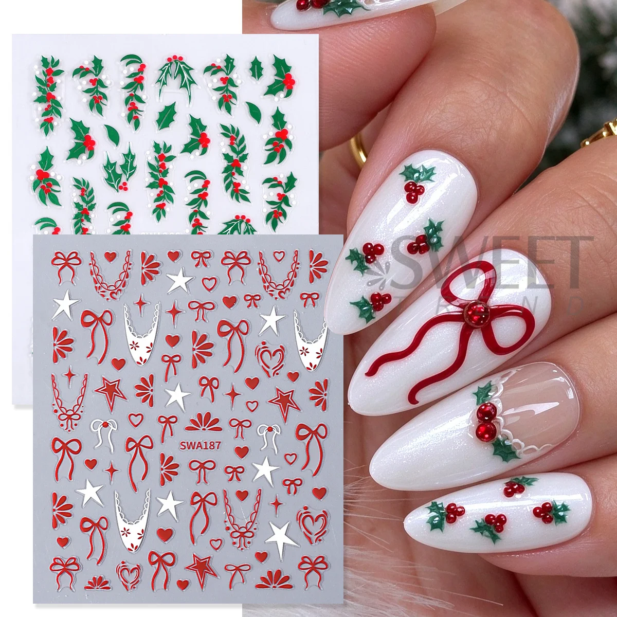 2pcs Winter Holly Berry Bow Nail Decals Metallic Green Leaf French Style Lace Bowknot Sticker Christmas Elegant Manicure Sliders