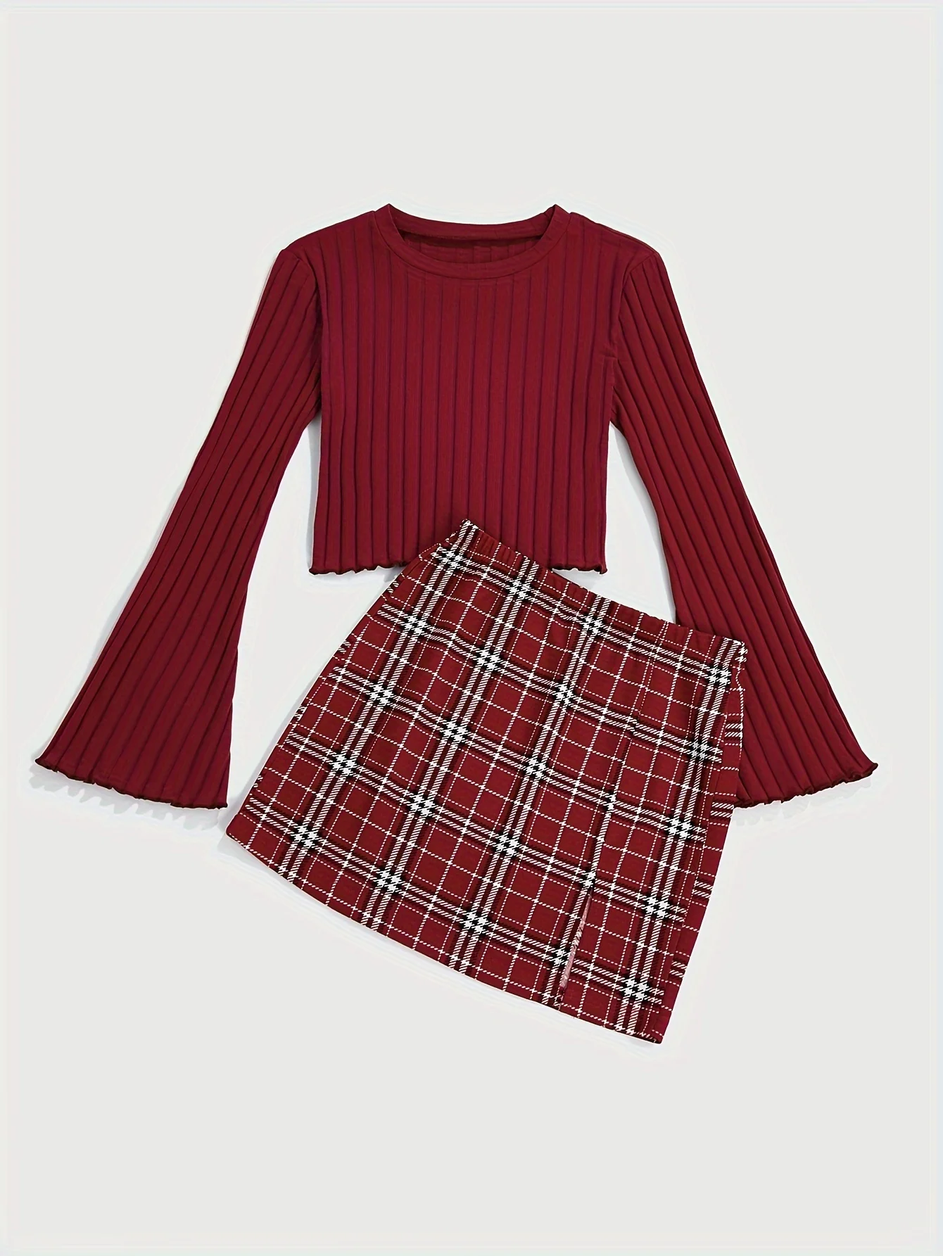 Casual Colorblock Two-piece Skirt Set Ribbed Crew Neck Long Sleeve Top & Plaid Skirts Women\'s Clothing