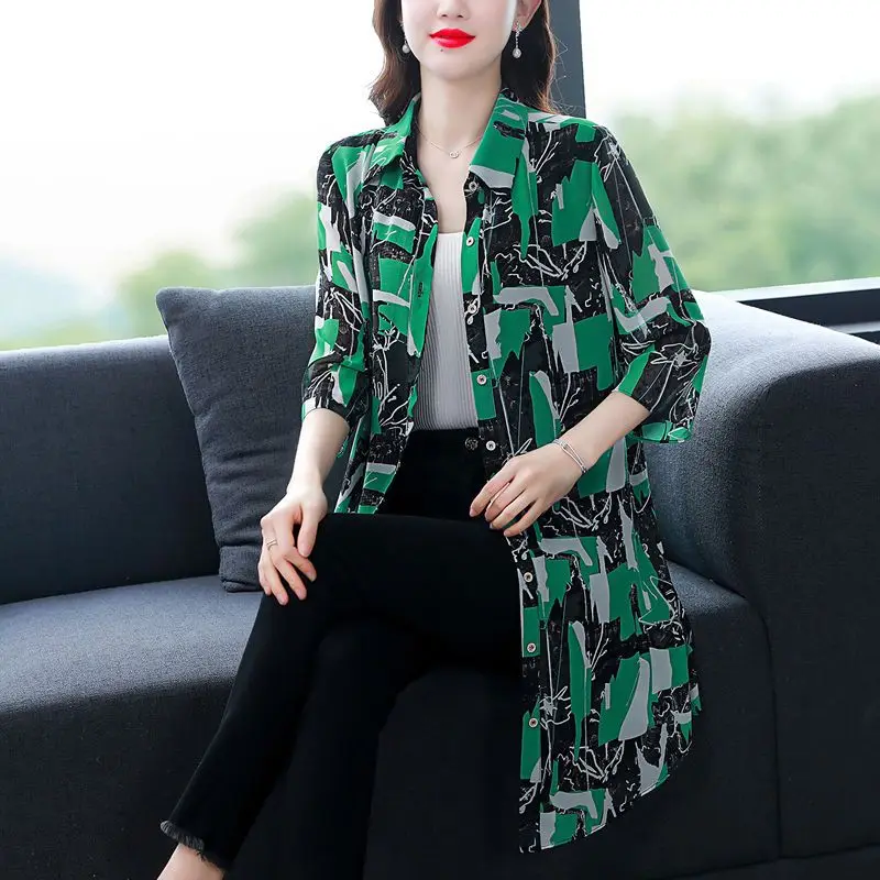 Women Summer Fashion Loose Fashionable Printing Chiffon Polo-Neck 3/4 Sleeve Shirts Women Clothes Casual All-match Elegant Tops