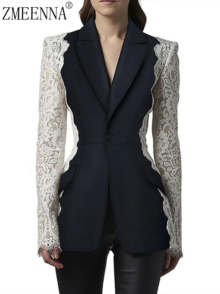 

ZMEENNA Womens Black Slim Fit Blazer Jacket White Lace Panel Long Sleeve One Button Outerwear Elegant Party ZM4605