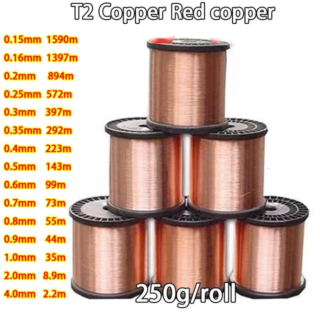250g OD 0.15/0.4/0.5/0.6/0.7/0.8/1/1.2/1.5/1 8/2/3/4mm miedziana linia czerwona miedź T2 miedziana nieosłonięty przewód zawartość miedzi 99.98%