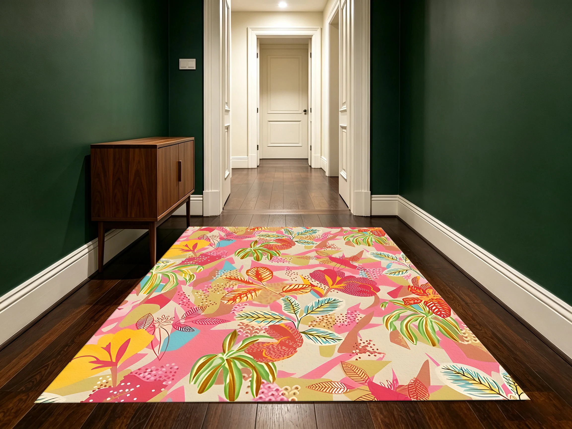 Colorful Floral Leaf 2D Area Rug in Retro Color Block Style for Home, Halloween Party Decor