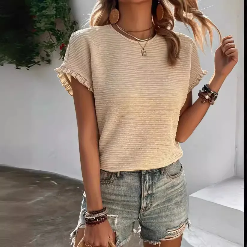 Women Casual O Neck Short Sleeve Blouse Elegant Solid T Shirt Summer Harajuku Loose Folds Shirt Vintage Tops Streetwear