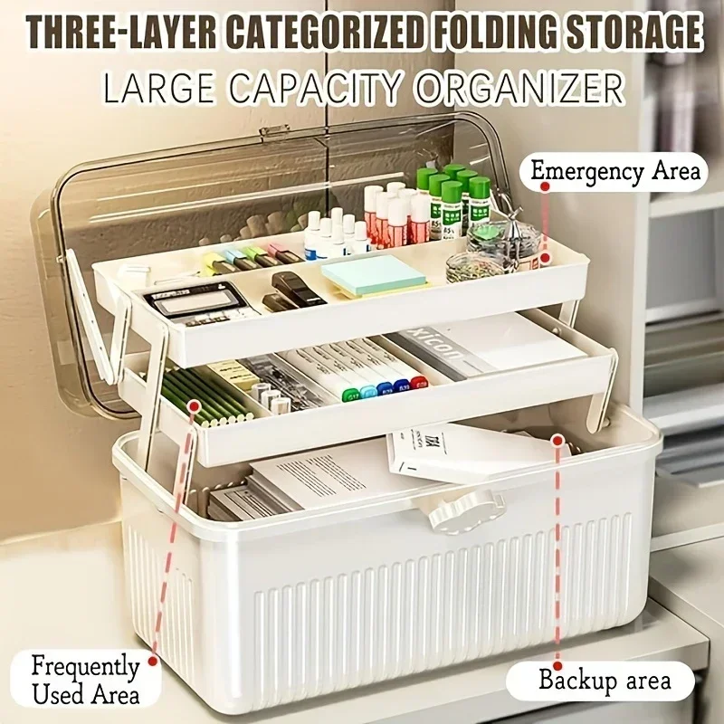 

Transparent Folding Storage Box With Handle Desk Organizer Large Capacity Stationery Accessories Office School Supplies