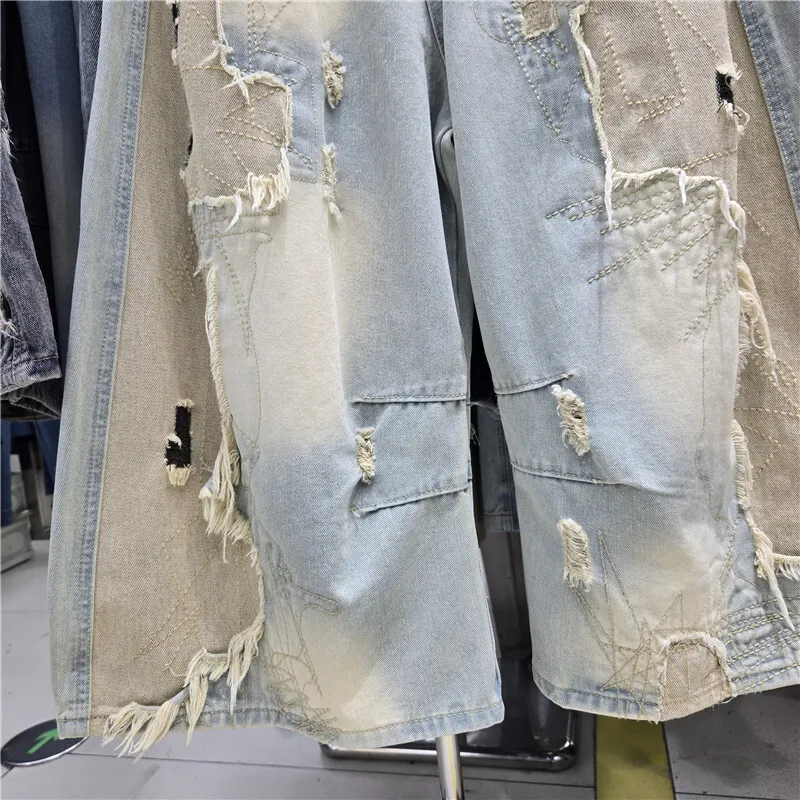 ANJY Spring Summer New Women American Style Washed Heavy Spliced Frayed Niche Distressed Wide Leg Denim Calf-Length Pants A23341