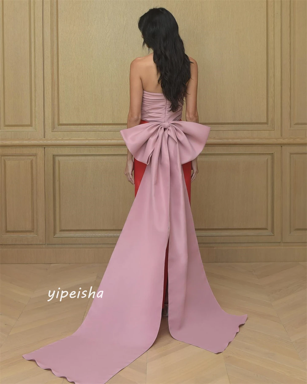 Customized Jersey Bow Draped Pleat Graduation A-line Strapless Bespoke Occasion Gown Long Dresses