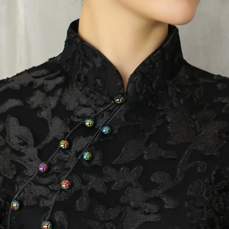 Cheongsam Elegant Retro Long Slim-Fit Dress High Slit Ruffle Lace Costume Mom