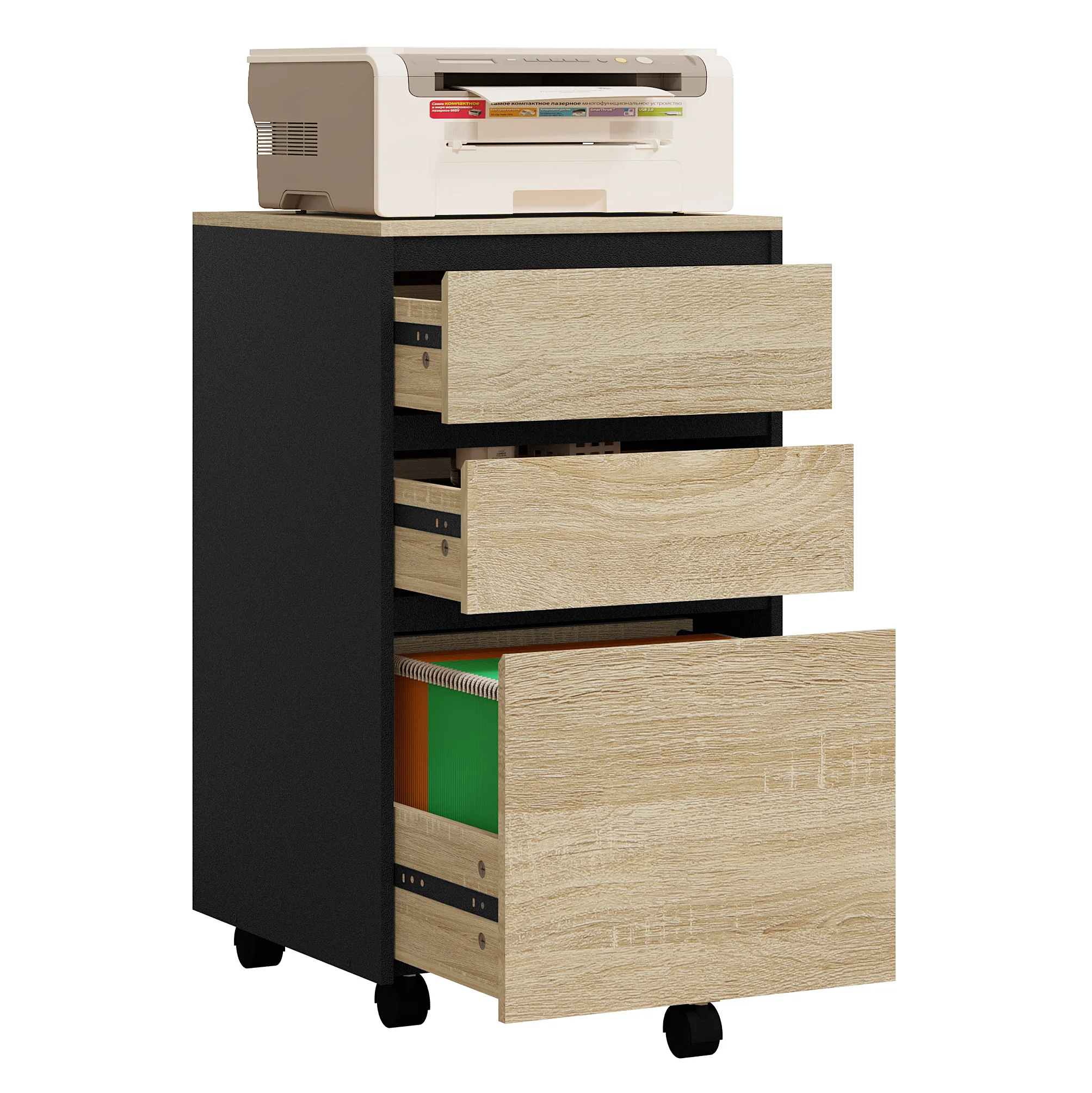 40 x 70 x 40 cm mobiler Aktenschrank für Hebelbogen-Ordner, Büro-Organizer, Aufbewahrung mit 3 Schubladen, Rollen, Rollschrank