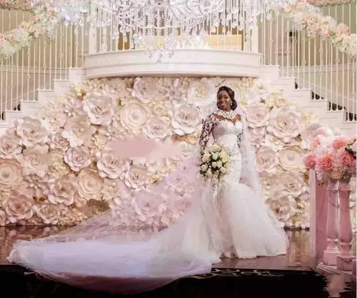 Robes de mariée sirène de luxe personnalisées en dentelle, manches longues, perles, sur mesure, robes formelles, grande taille