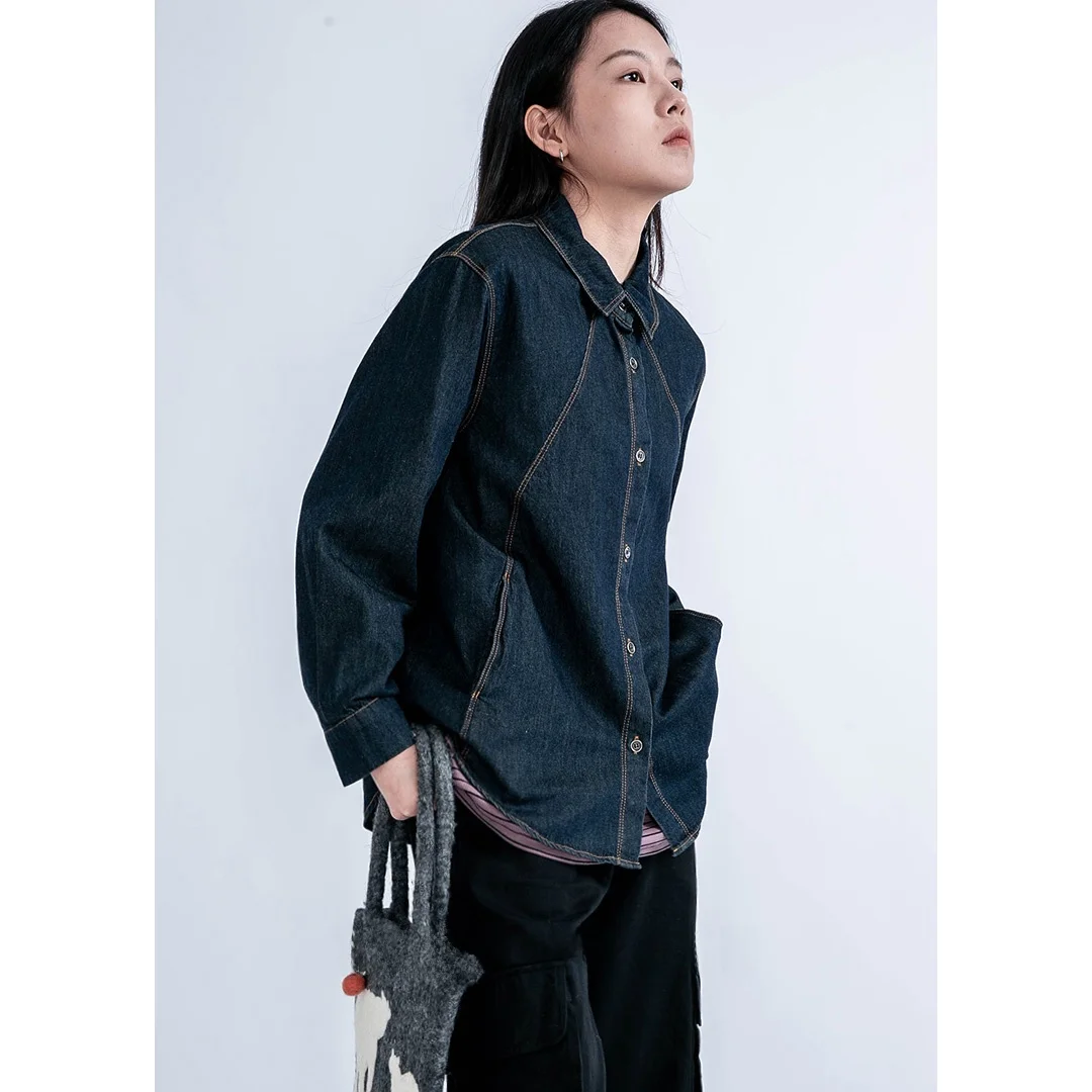 

Dorothy Deep Blue Casual Denim irt Women's Spring Autumn New Sle Layering Versatile irt Jaet Pure Cotton Collar ...