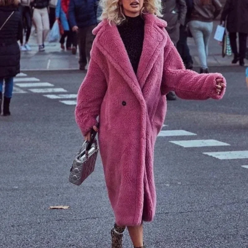 Coat Lamb Wool Long Sleeve Pockets Fur Jackets Trend Loose Faux Fur Coat Women\'s Overcoats Clothing Mid-Length Outwear Coats