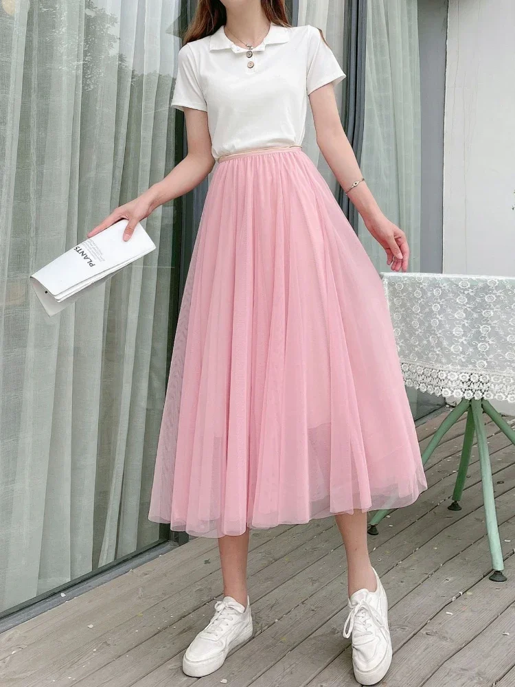 

2024 New Fashion Streetwear Women Organza A-line High Waist Irregular Solid Long Skirt Casual Womens Korean Style Summer Skirts