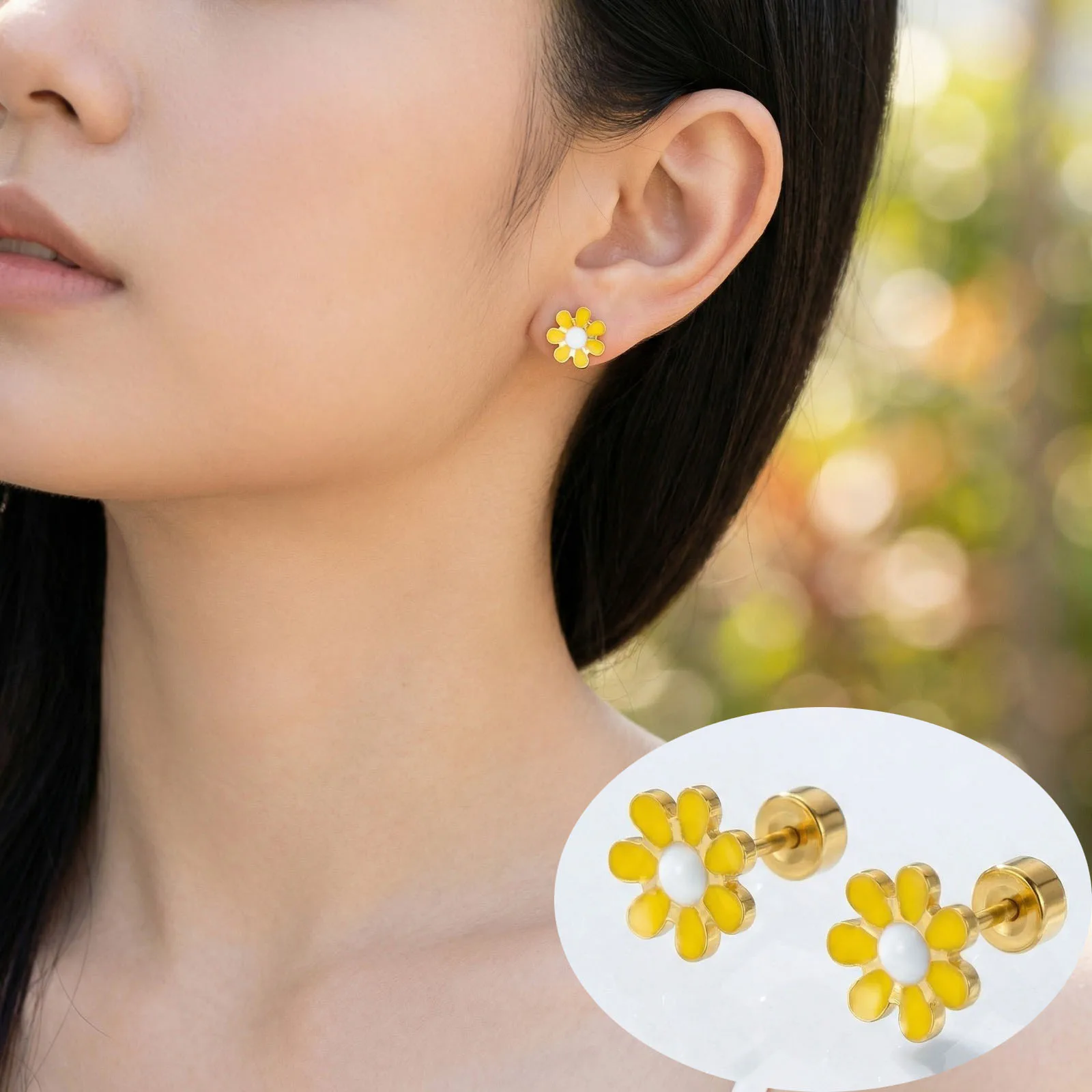 

Cute Daisy Sunflower Enamel Stud Earrings Stainless Steel Gold Color Ear Studs For Women Girls Fashion Jewelry