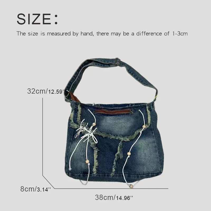 Japan Style Messenger Bags For Women Luxury Designer Handbags And Purse 2024 New In Denim Wooden Beads Stitching Tassel Shoulder