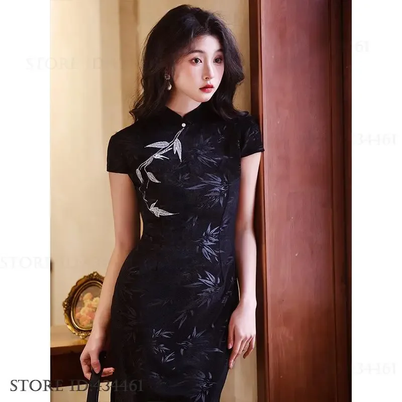 

Традиционный воротник-стойка Ципао, элегантное женское длинное платье Cheongsam, классическое китайское платье с вышивкой в виде листьев бамбука, сексуальные платья