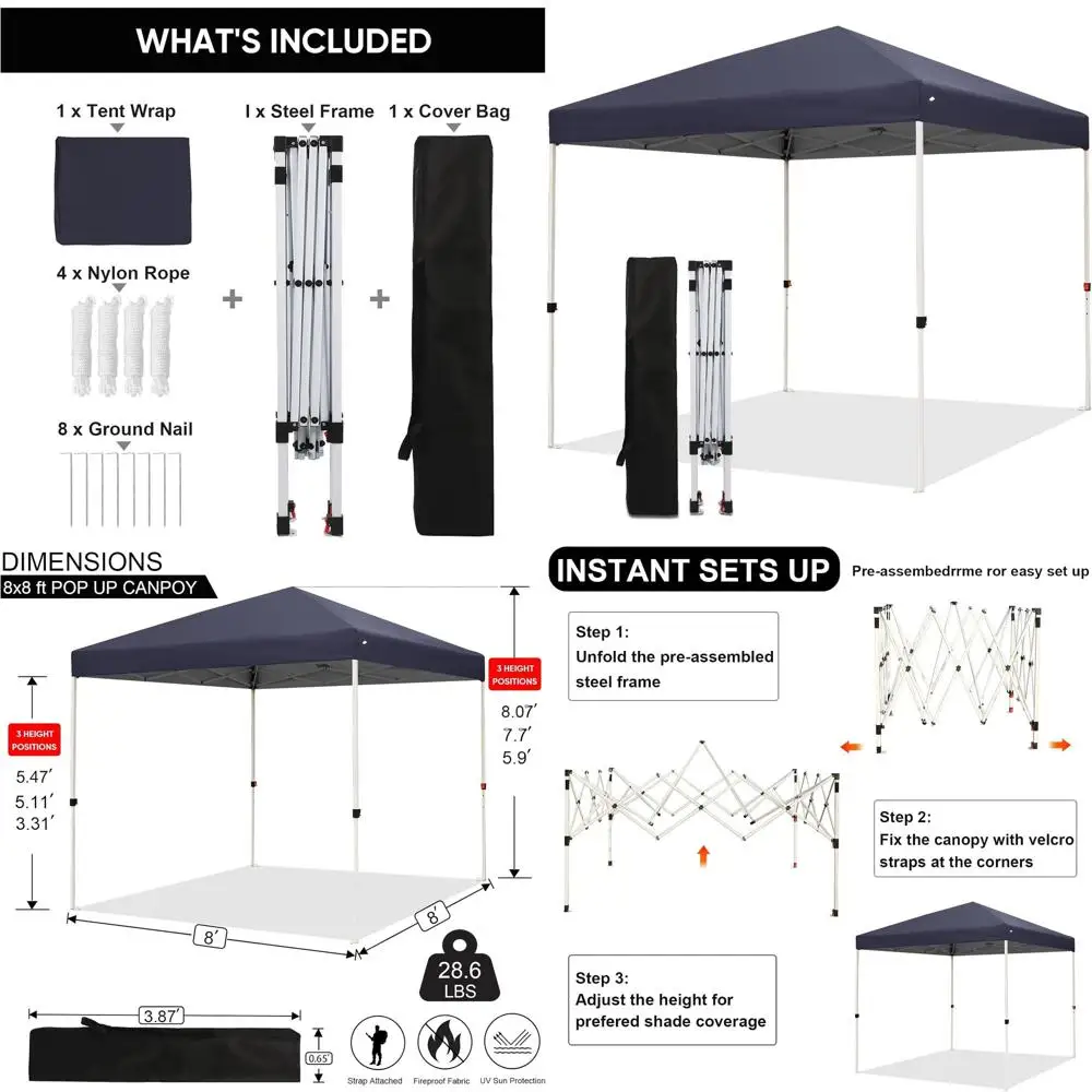 

8x8 Instant Outdoor Canopy Tent with Carry Bag - Ideal for Weddings, Events, Patios, Gardens, Beaches - Dark Grey