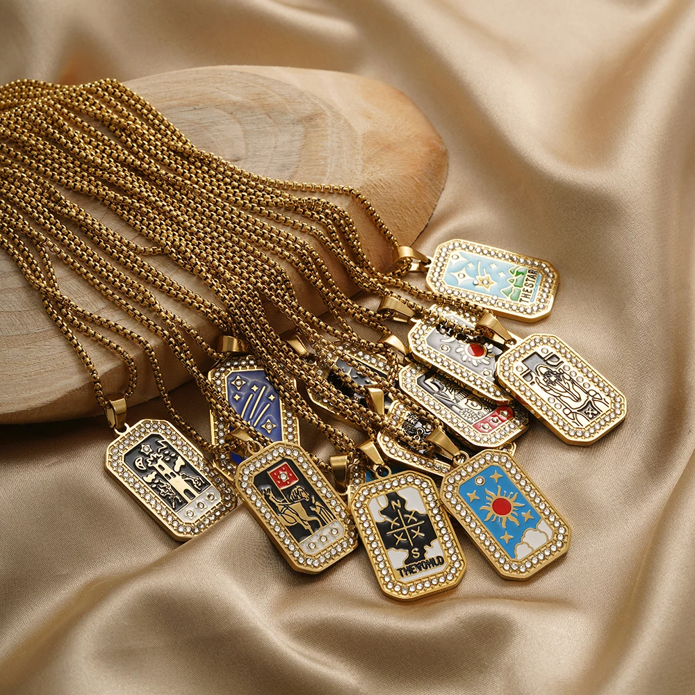 الذهب اللون قلادة للنساء الزركون عيد الميلاد مجوهرات ملونة هندسية ذات مغزى الشمس عاشق الفولاذ المقاوم للصدأ التارو القلائد