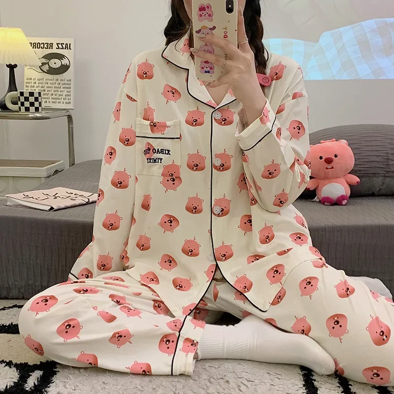 

Little Beaver Pajamas Autumn New Cotton Lapel Long Sleeve Cartoon Casual Silk Pajamas Women's Ruby Loungewear Women's Pajamas