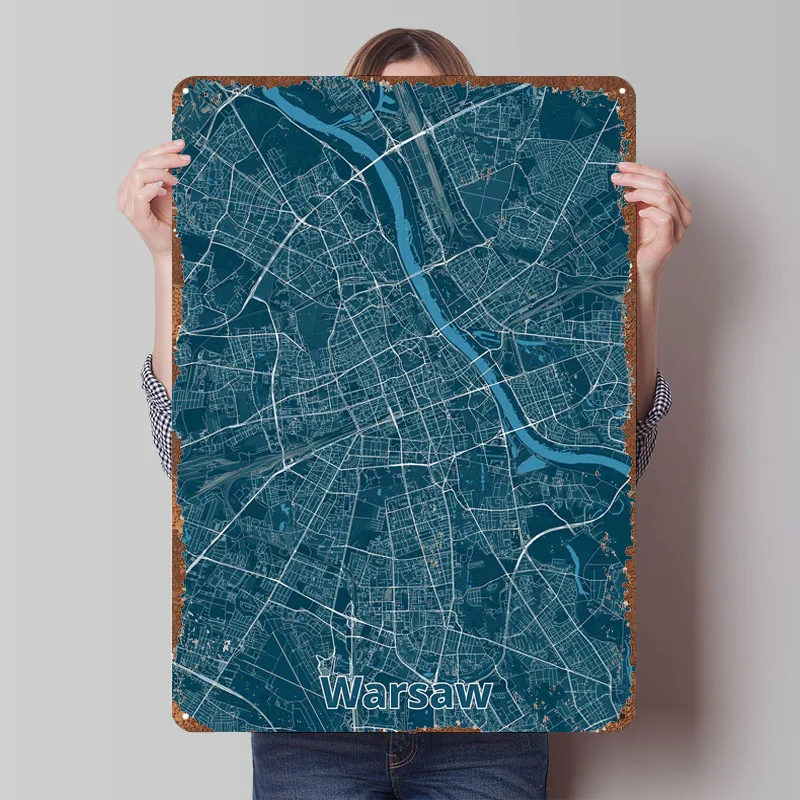 Карта города Варшава, плакат, карта, металлические знаки, фотографии, предметы украшения стен, настраиваемая жестяная вывеска для украшения домашней комнаты, ретро-арт