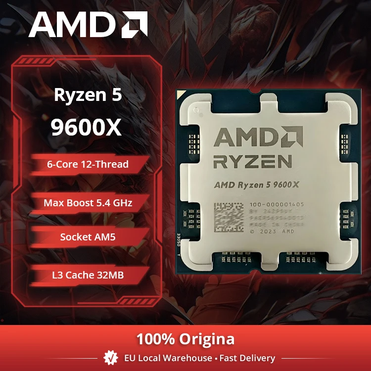 Processeur de bureau AMD Ryzen 5 9600X, 6 cœurs, 5,4 GHz, 4 nm, 38 Mo de cache, socket AM5 (ventilateur non inclus)