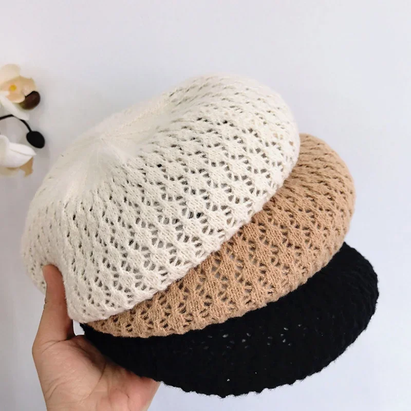 

Spring fall Berets Breathable Permeability Knitting Beret Hat for Women Hollow Crochet Retro Fashion Painter Cap Ladies Hats