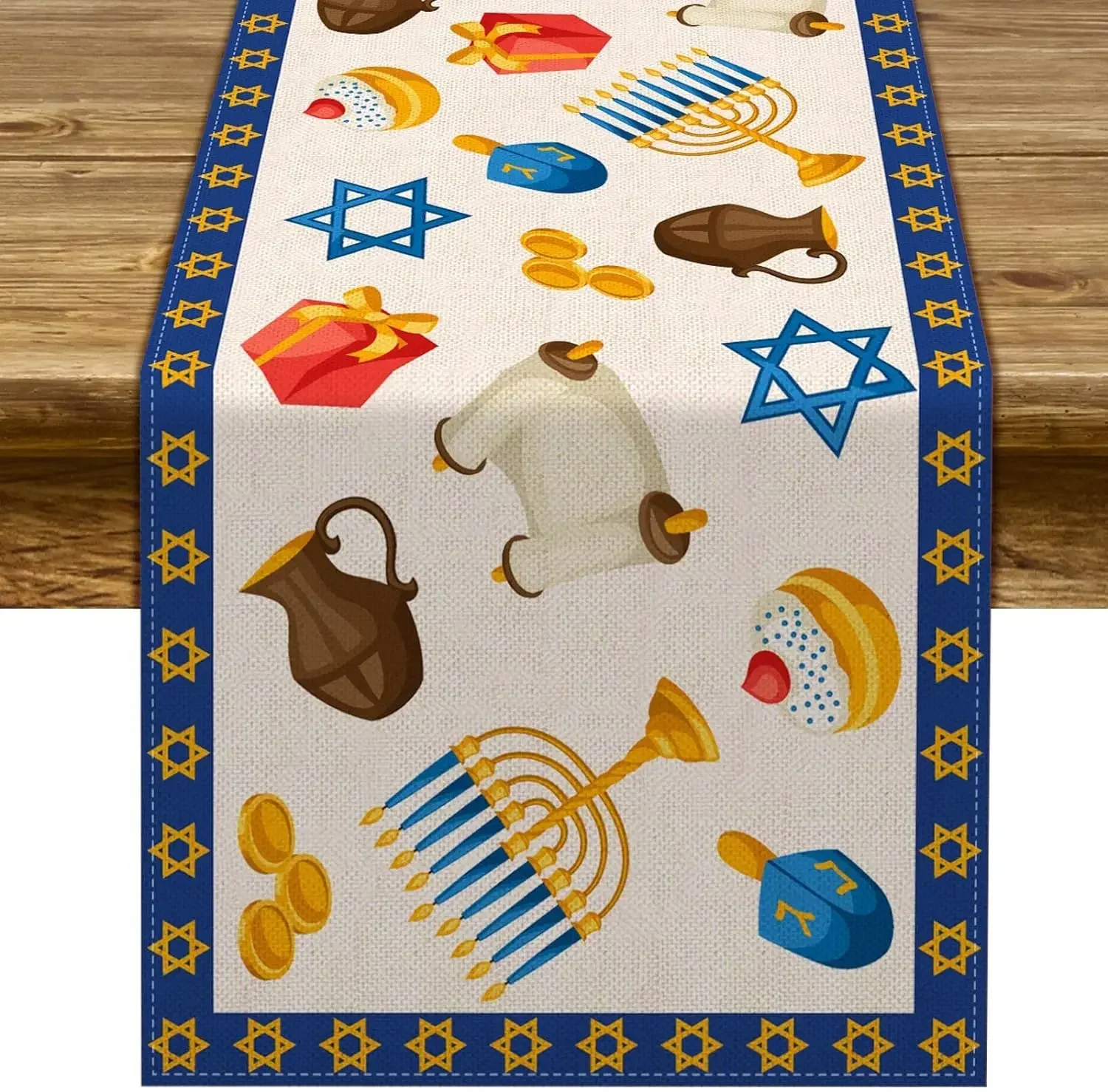Hanukkah Linen Table Runner Party Table Decor Chanukah Menorah Dreidel Jewish Festival Dining Table Runners Hanukkah Decorations