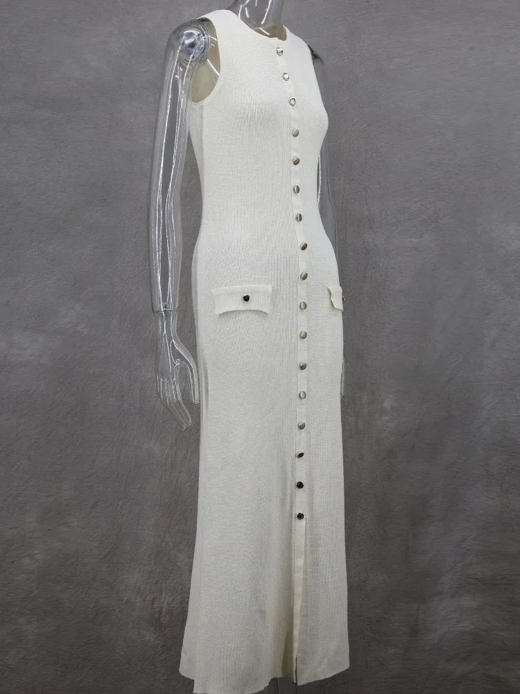 CPSYMYM Elegante Lady lavorato a maglia monopetto abiti lunghi donna solido senza maniche o collo bottone aderente partito abiti femminili
