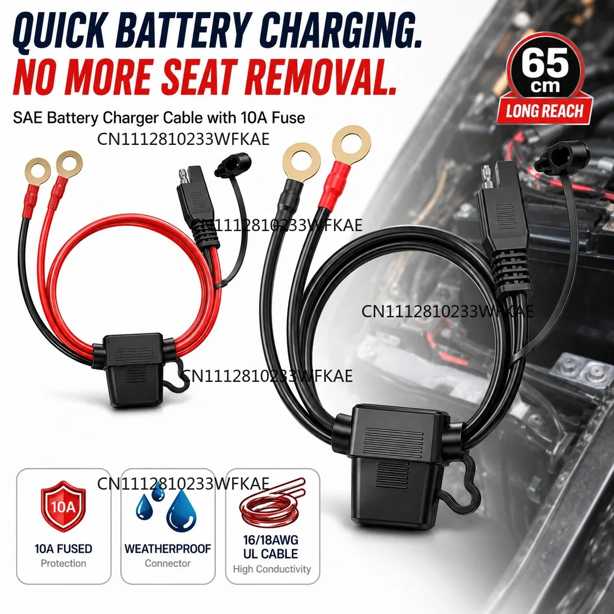 SAE Battery Charger Cable 10A Fused 16 18AWG UL Ring Terminal Quick Connect Lead Weatherproof Extension for Motorcycle ATV UTV S