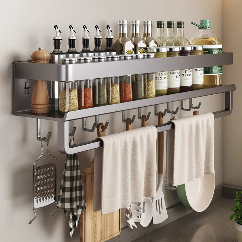 

Aluminum Wall-Mounted Shelf Multifunctional Kitchen Spice Storage Rack Kitchen No Punching Required Kitchen Accessories