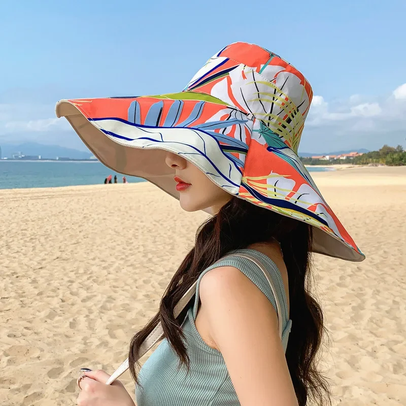 18cm Large Brim Women Summer Double-sided Brim Hat Sun Protection Flower Beach Cap Lady Outdoor Elegant Sunscreen Headgear