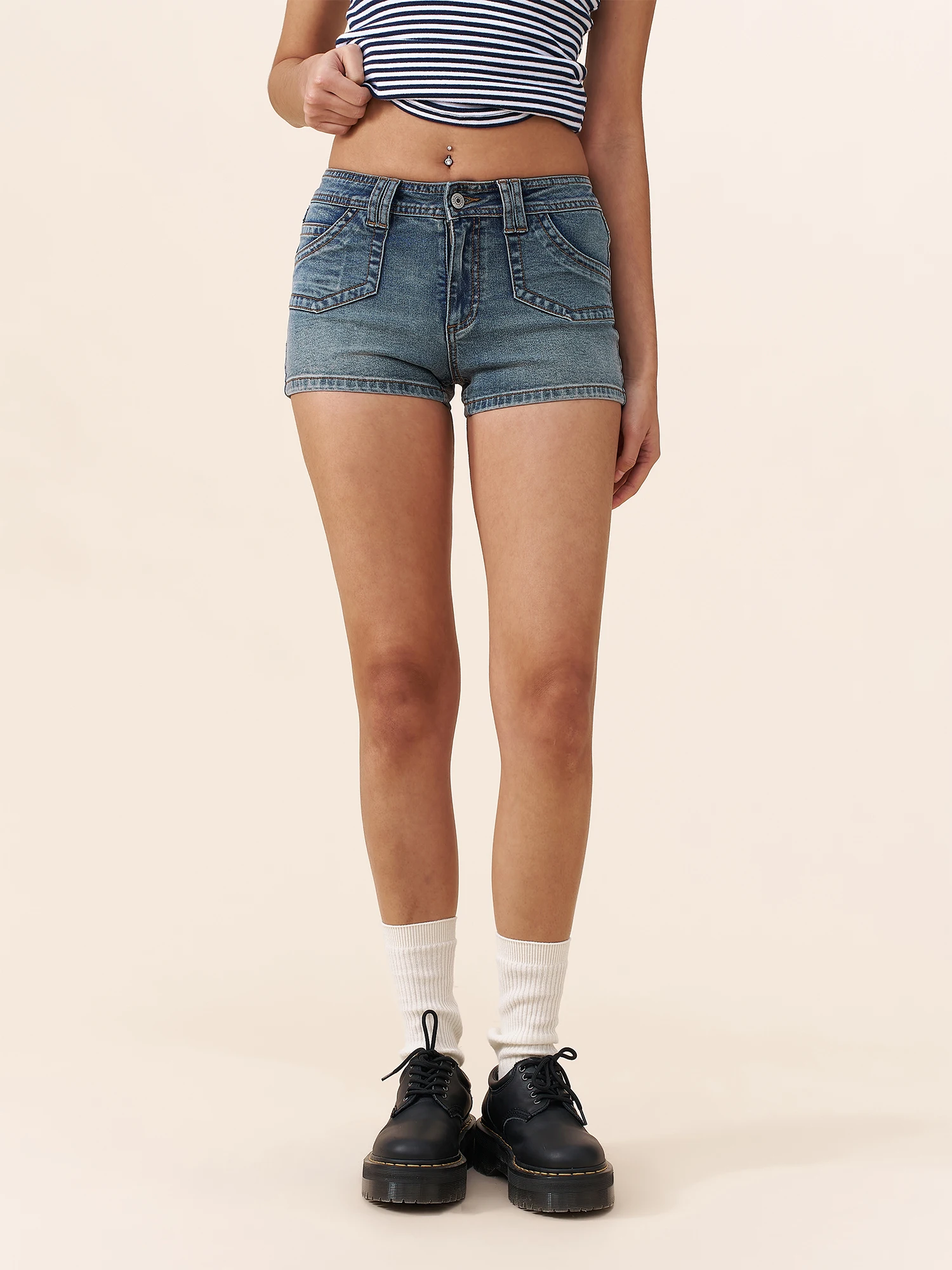 

Yescci American Retro Hot Girl Blue Denim Shorts Slimming Tight Small Size Wraparound Shorts Women's Jeans Cotton Blend Stretch