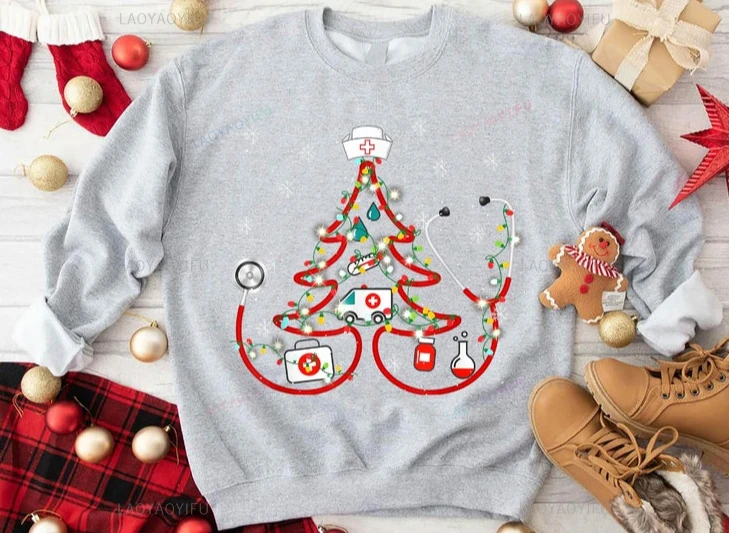 Christmas Tree Stethoscope Funny Doctor Sweatshirt Nurse Christmas Sweatshirt Gift for Healthcare Worker Harajuku Unique Hoodies