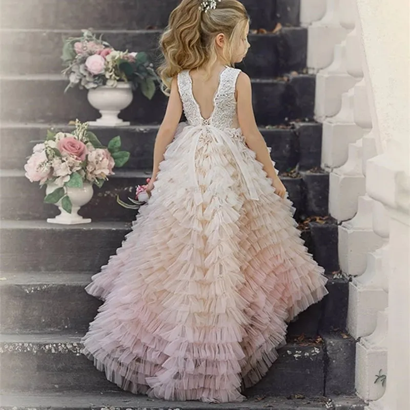 

Lovely Tulle Fluffy Flower Girl Dress Layered Applique Sleeveless V-Back Birthday Party Pageant First Communion Ball Gowns