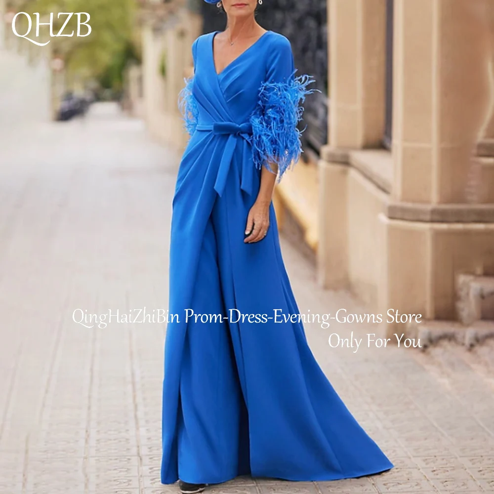 

Customized Elegant Long Mother of the Bride Dresses Feathers V-Neck Floor-Length Wedding Guest Evening Party Groom Dress 2026