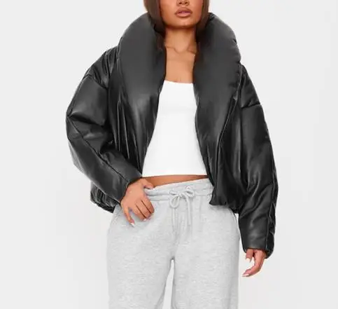 

Зимняя кожаная однотонная свободная короткая стильная хлопковая куртка с воротником-стойкой и открытым пупком, женская однотонная теплая хлопковая куртка