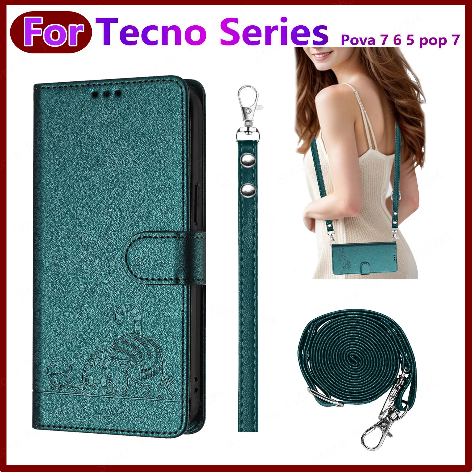 Crossbody Phone Case with Card Holder,Leather Flip Wallet,Mobile Protective Cover,Suitable for Tecno,Poco 6,5,4 Pro,Pop 7,6C,5C