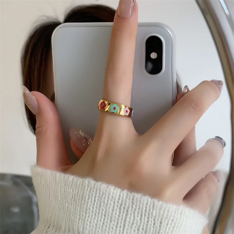 Candy-colored Smiling Face Titanium Steel Gold-plated Ring Retro Fashion Personality Ring Female