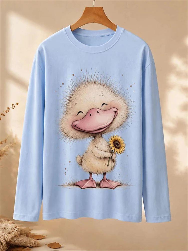 Fall Fashion Long-Sleeve Round-Neck Women's T-Shirt with Cute Duck Print Comfortable for Home and Leisure Loose-Fit Top