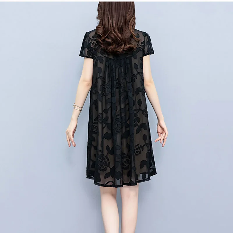 Verão feminino midi vestido 2023 novo solto de manga curta dupla camada gaze jacquard mãe vestidos feminino v-neck festa vestidos