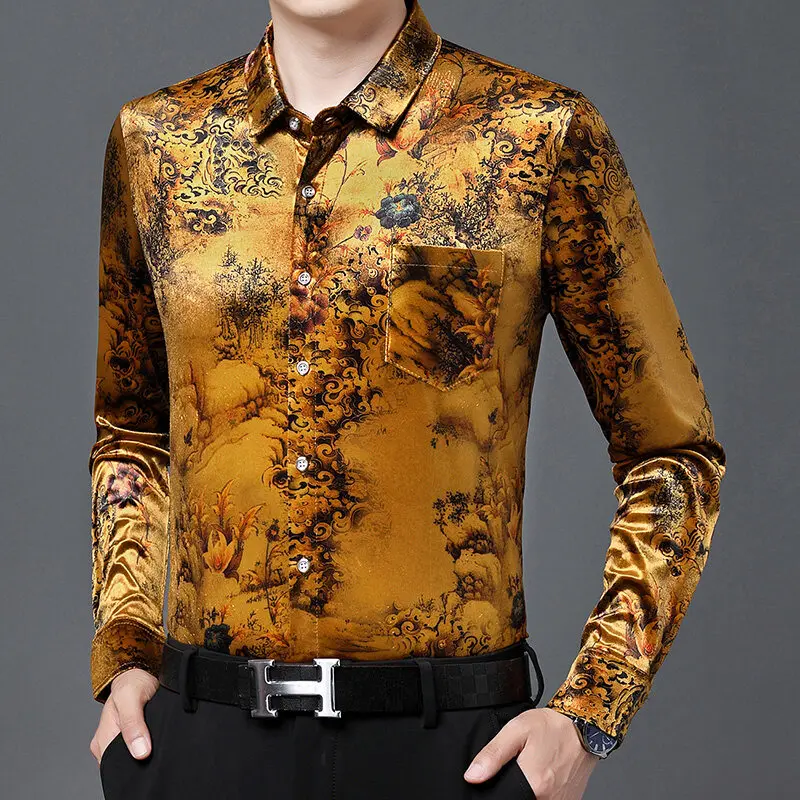 

Весна 2024, эластичные свободные рубашки с длинным рукавом, мужские винтажные бархатные повседневные рубашки с лацканами, деловая классическая рубашка, уличная одежда, топы