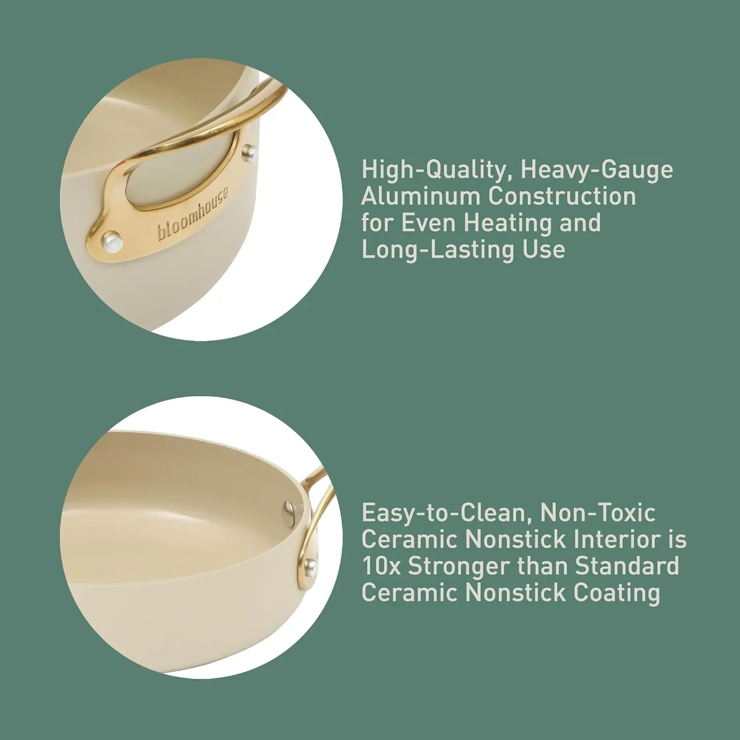 15 قطعة من الأواني والمقالي المصنوعة من الألومنيوم عالي التحمل وخالي من مادة PFA من السيراميك غير اللاصق مع غطاء - كريمة اللوز مع مقبض ذهبي