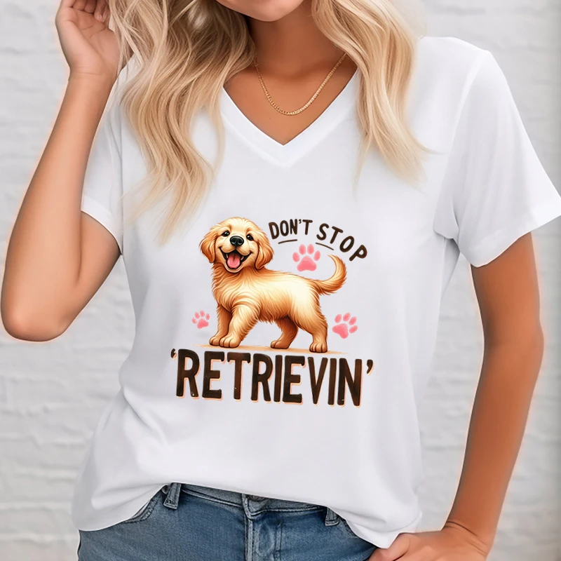 Women\'s T-Shirt Cute Golden Retriever Dog Short Sleeve V-Neck Shirt Fashion Loose Short Sleeve Tee Funny Dog Paw Pattern T Shirt