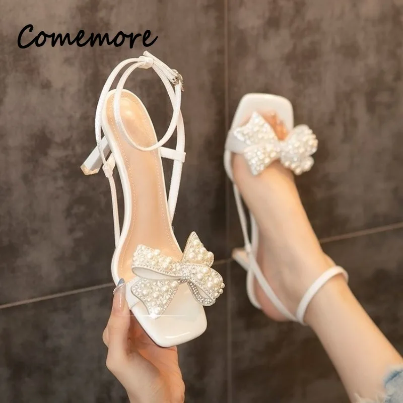 Summer Square Toe Stiletto Rhinestone Pearl Bow Decoration Fashion Sandals Shallow Mouth Sexy Elegant Casual Party High Heels