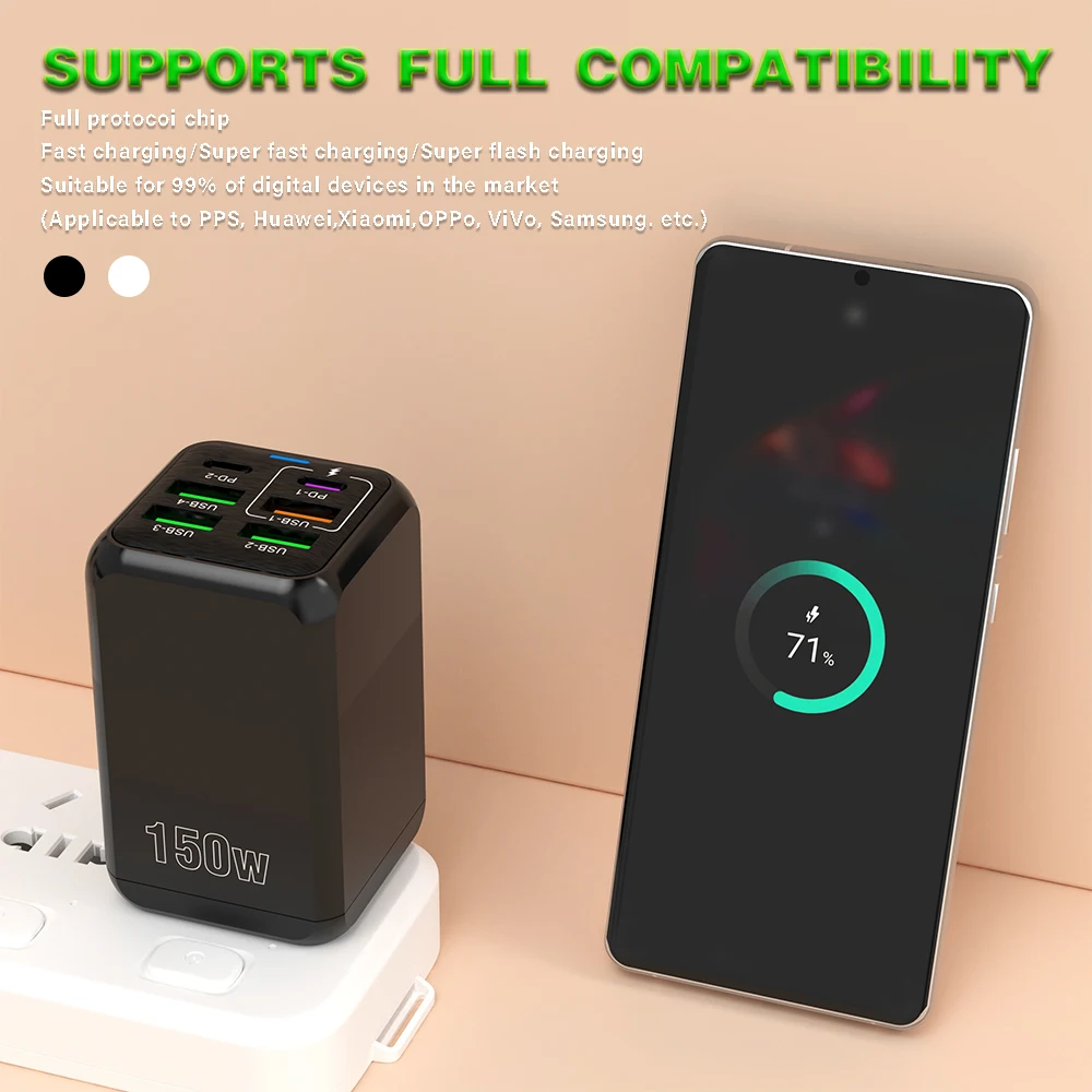 150W USB C Fast Charger QC3.0 PD 4 USB +2 PD Quick Charging Type C Wall Adapter for iPhone 15 Samsung Huawei Xiaomi Oneplus