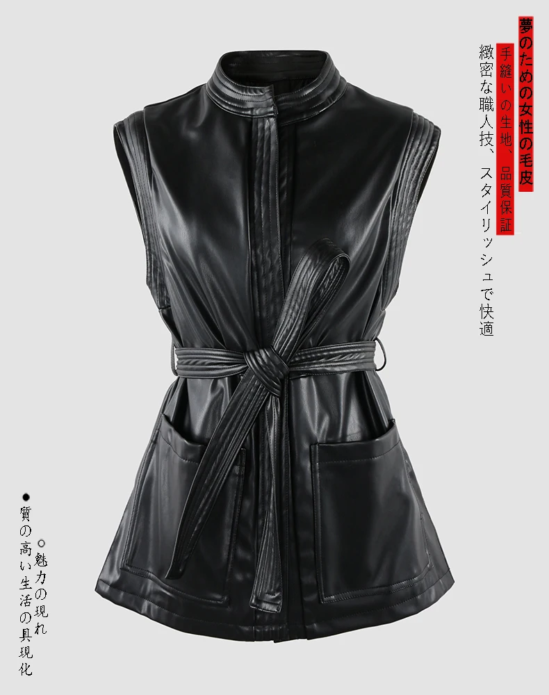 Mauroicardi Spring Short Black Soft Pu Leather Vest Women with Side Slit Sashes Stand Collar Luxury Chic Sleeveless Jacket 2025