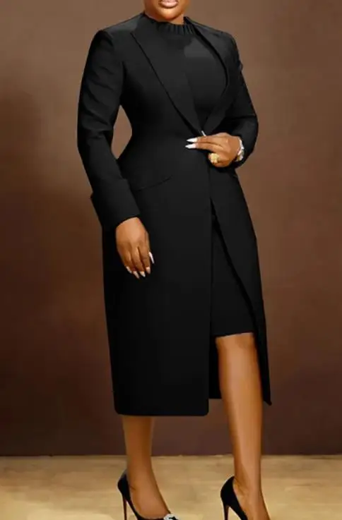 秋のレディースロングスーツジャケット（襟付き、ウエストシェイプ、スリット入り）、ラウンドネックノースリーブヒップハグニットワンピースセット