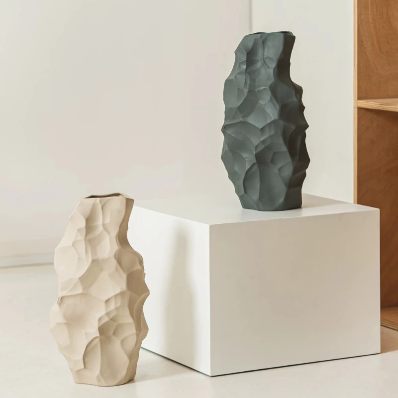 Minimalist Matte Ceramic Vase Irregular Rock Texture Decor Vase Flower Container for Hydroponic Plant Living Room Home Ornament