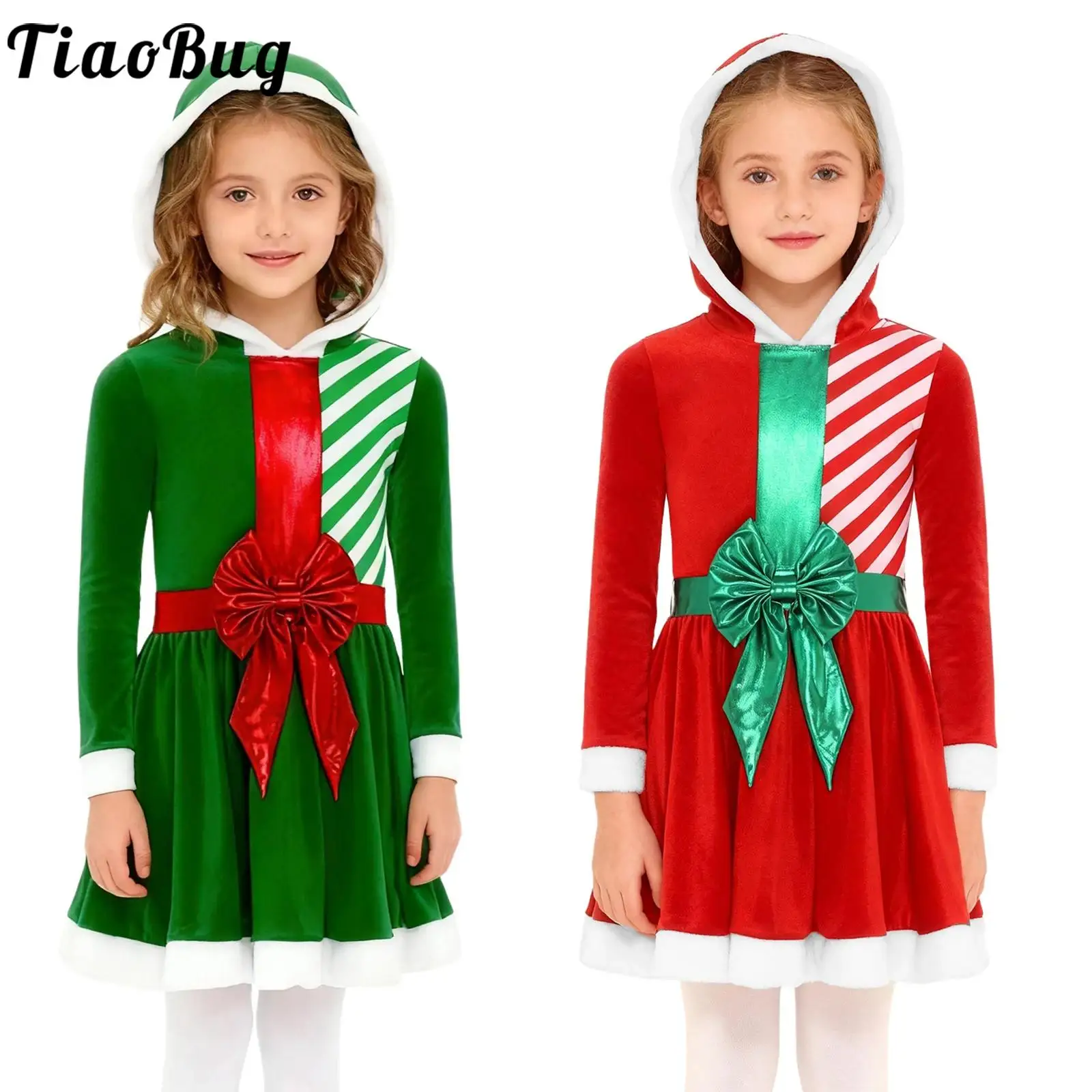 

Girls Christmas Santa Claus Tutu Dress Figure Skating Costumes Long Sleeve Stripe Waist Bow Hoodie Dress for Xmas Festival Party